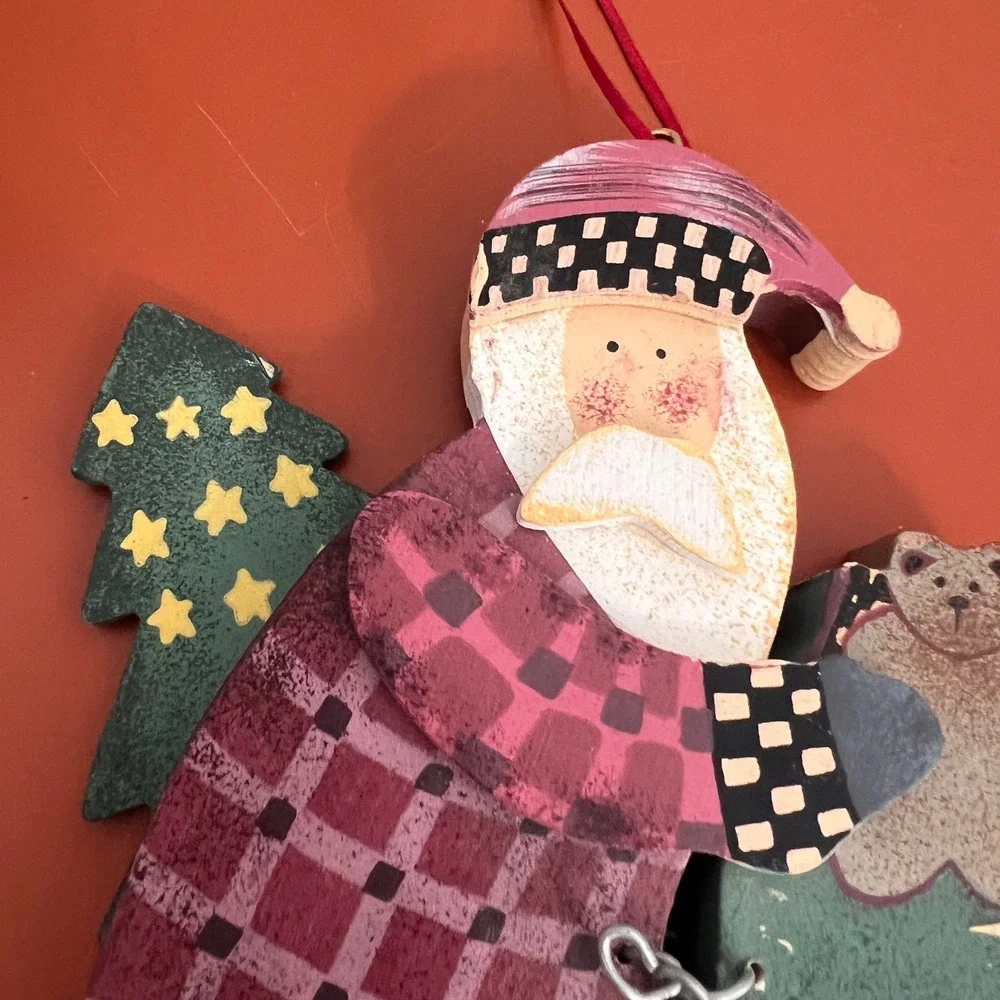 Primitive Wooden Santa Claus Christmas Ornament Folk Art Plaid Teddy Bear Tree